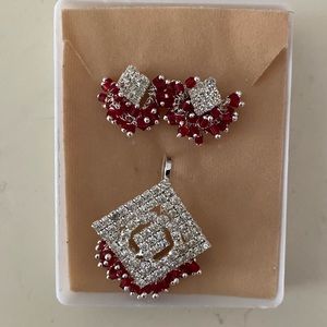 Red Beaded Diamond Earrings and Pendant Set